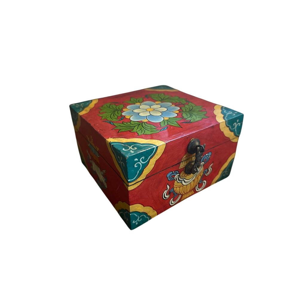 Vintage Tibetan Buddhist Floral Hand Carved Hand Painted Red Wooden Jewelry Box